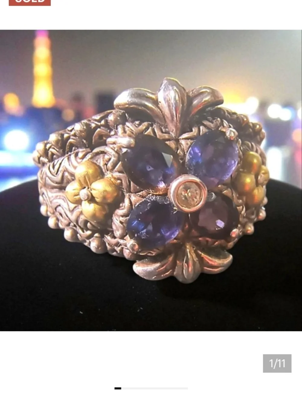 Barbara Bixby Sz 10 Sterling Silver Floral Iolite Ring with 18k Gold Accents